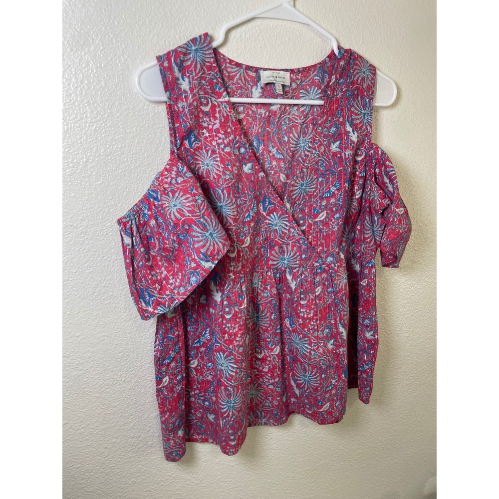 Lucky Brand Women Size S Floral Print Cold Shoulder Blouse V Neck Top Red Blue‎